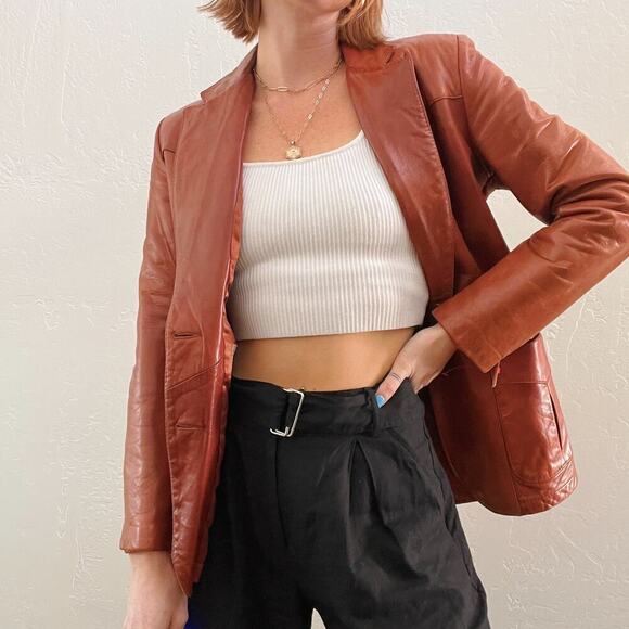 Vintage 1970's Tan Leather Fitted Blazer Style Jacket - Picture 3 of 9
